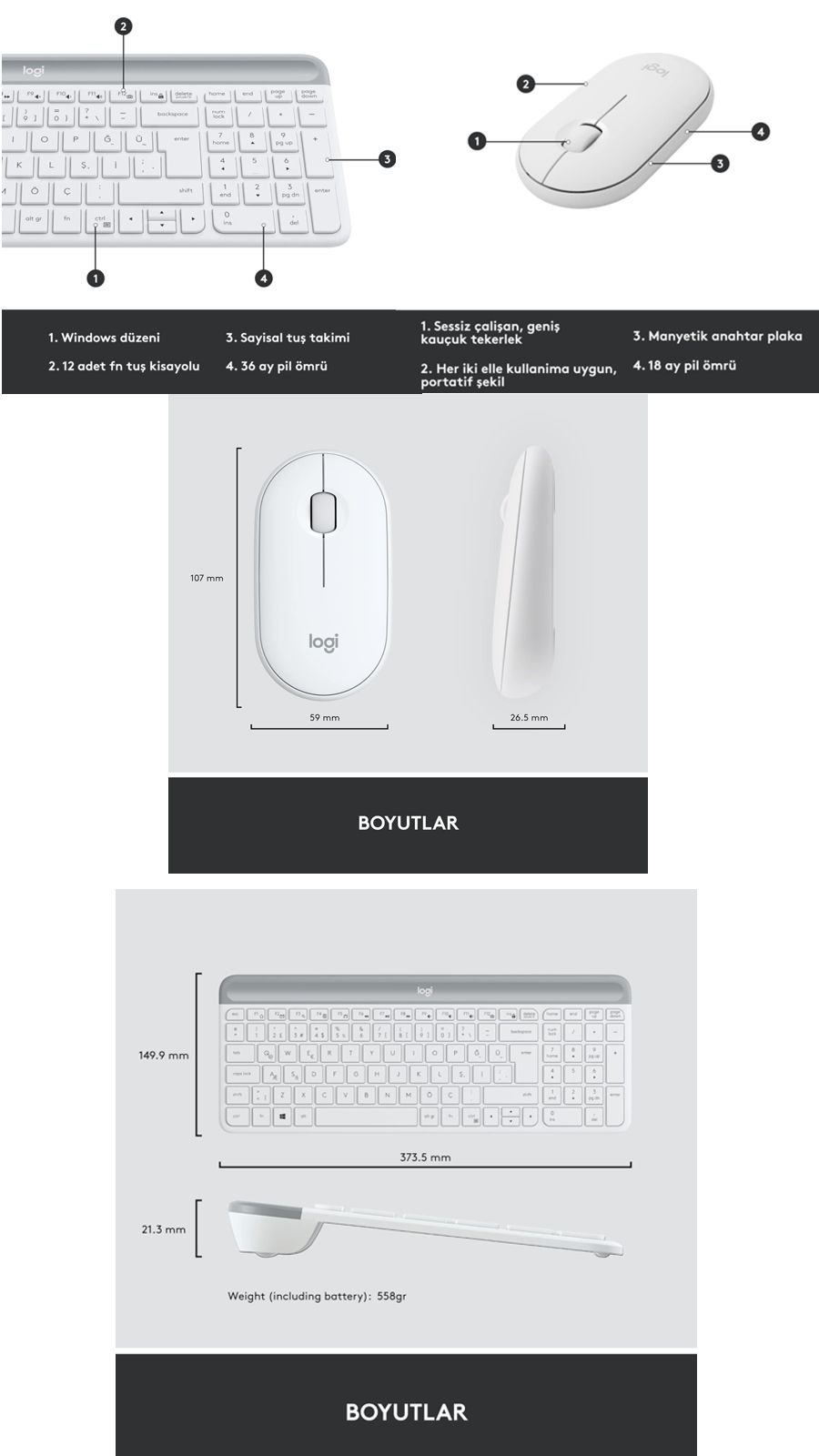 Logitech MK470 Slim Combo kablosuz klavye mouse seti beyaz renk kompakt ve sessiz ofis kullanımı için ideal çözüm