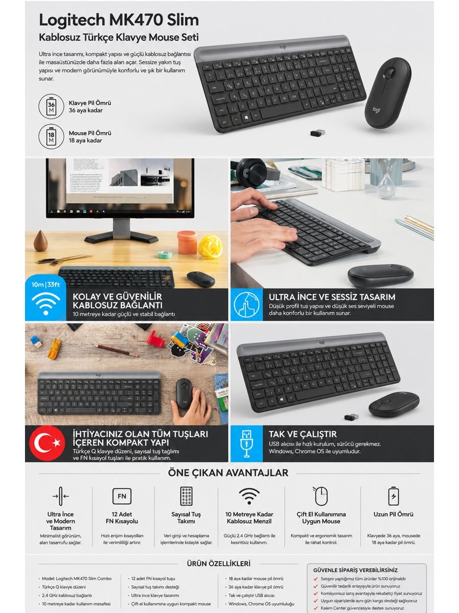 Logitech MK470 Slim kablosuz Türkçe Q klavye ve mouse seti ince tasarımı ve uzun pil ömrüyle masaüstü kullanımına uygun modern kablosuz set modeli