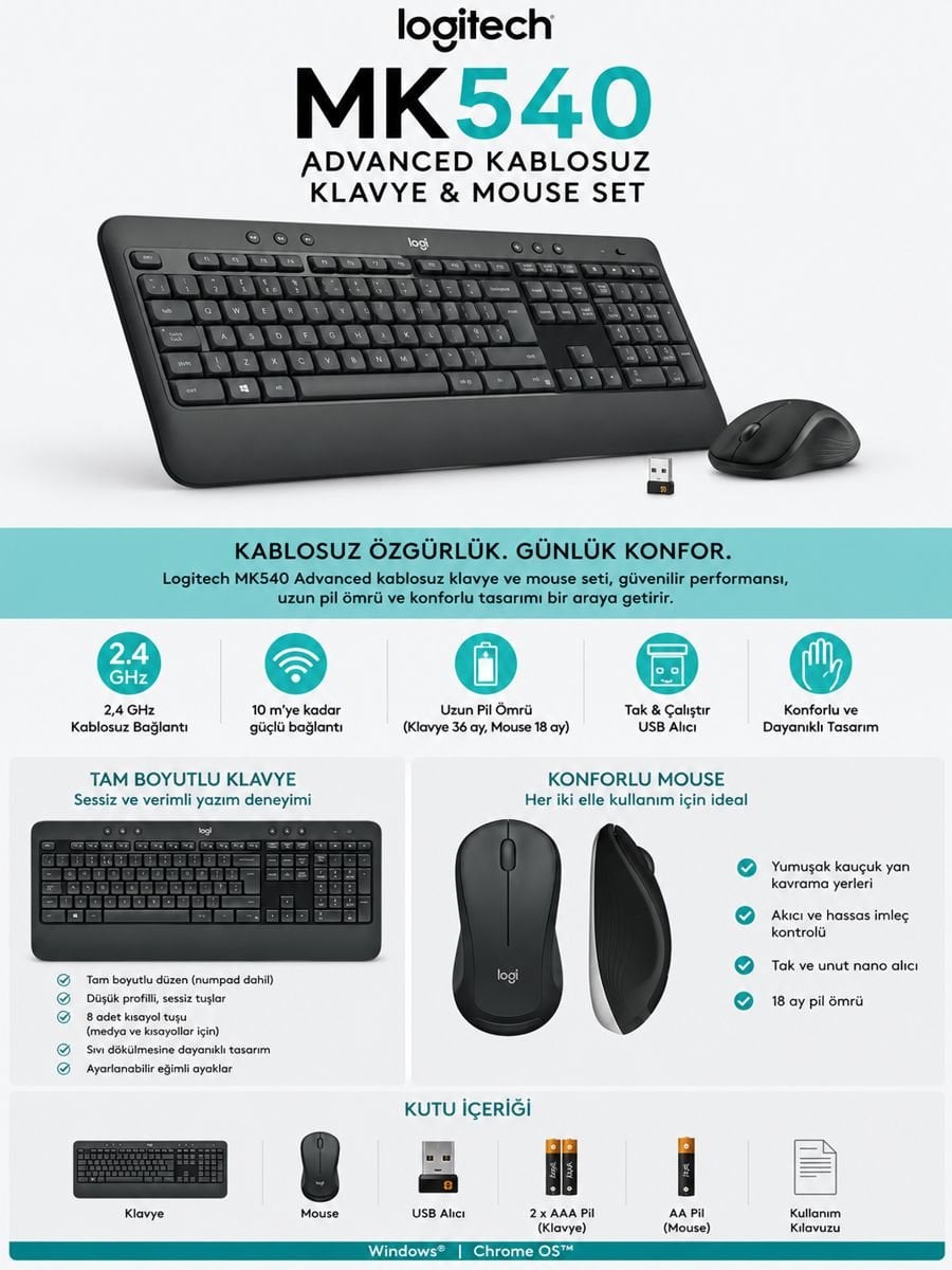 Logitech MK540 Advanced kablosuz klavye ve mouse seti ürün özellikleri, 2.4 GHz bağlantı ve uzun pil ömrü avantajları