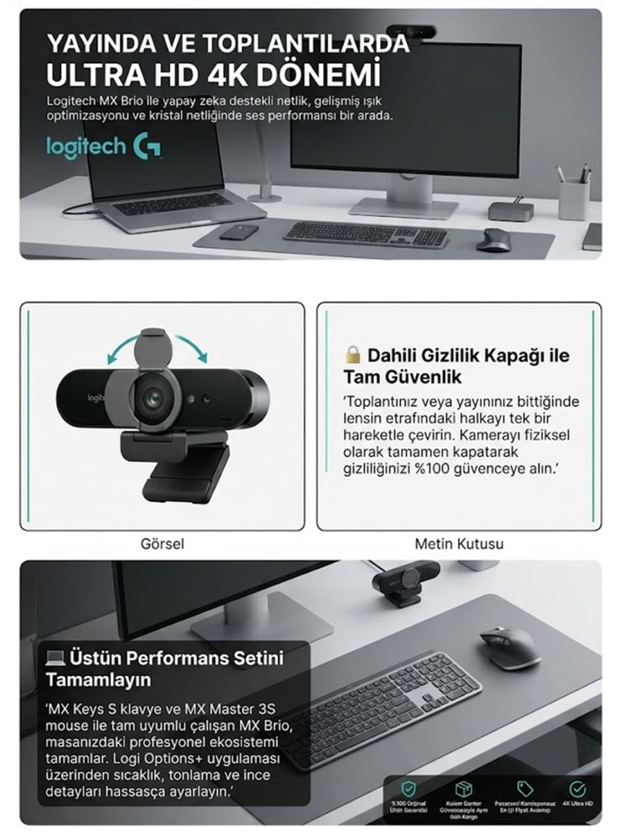 Logitech MX Brio 4K Ultra HD USB-C web kamerası toplantı ve yayınlarda net görüntü çift mikrofon ve dahili gizlilik kapağı sunar