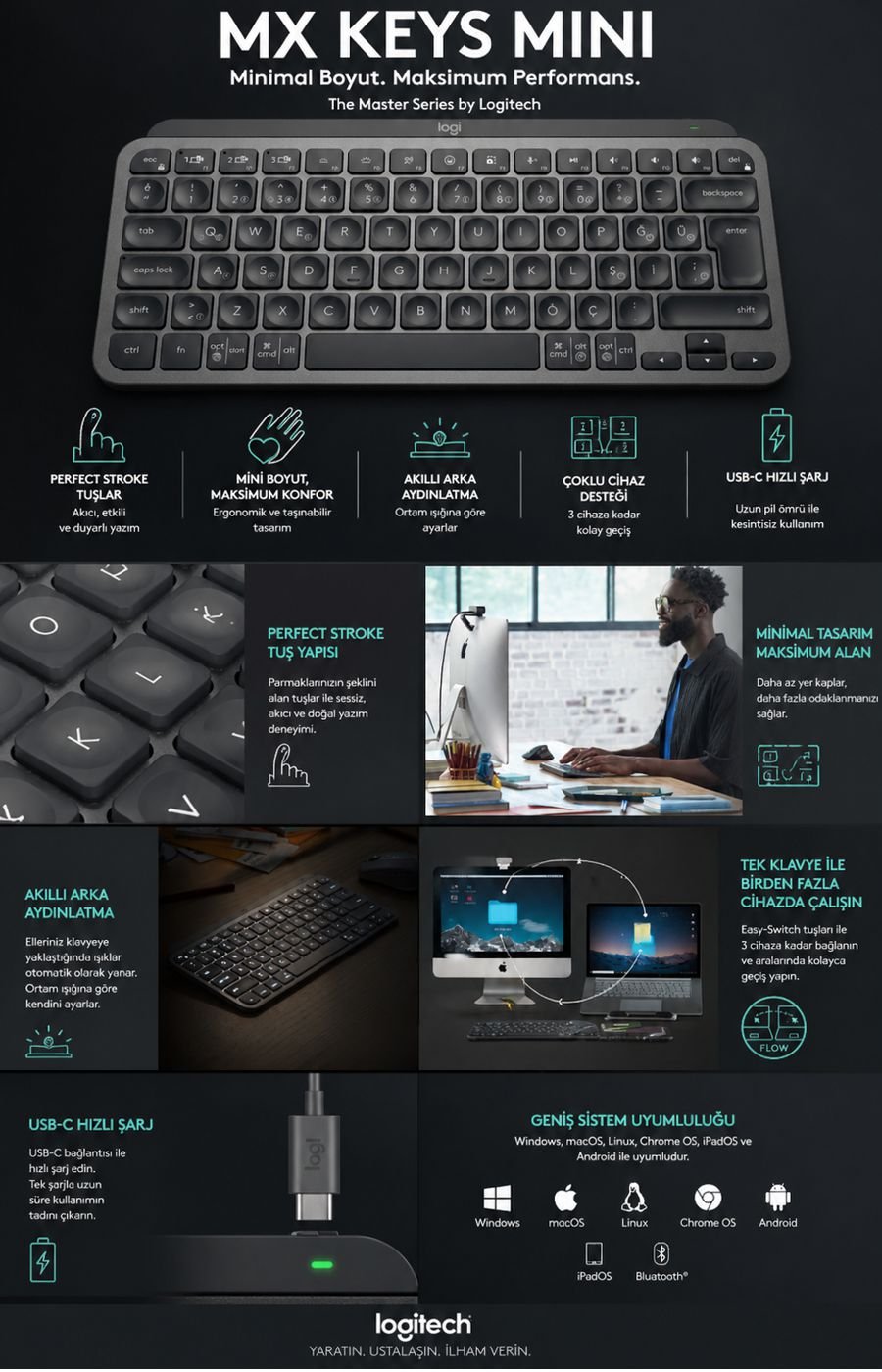 Logitech MX Keys Mini çoklu cihaz desteği ile aynı anda birden fazla bilgisayarda kullanım imkanı sunar
