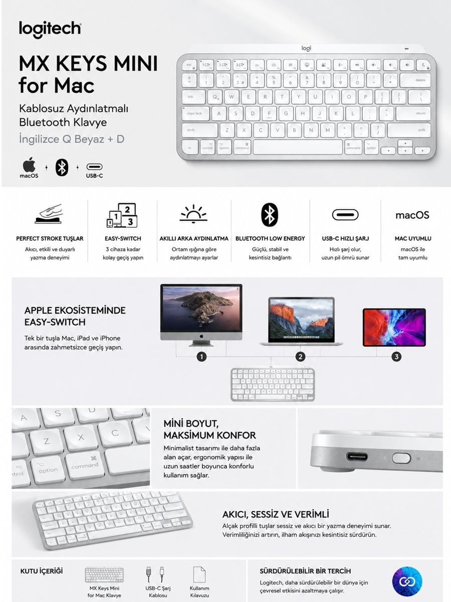 Logitech MX Keys Mini for Mac kablosuz aydınlatmalı Bluetooth klavye İngilizce Q beyaz ürün özellikleri
