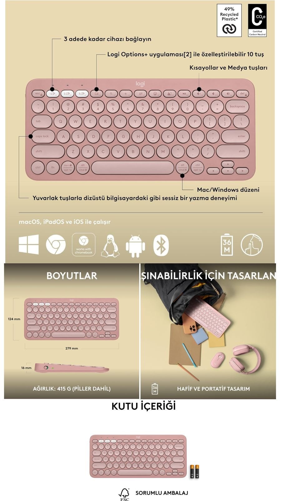 Logitech Pebble Keys 2 K380s pembe kablosuz klavye, çoklu cihaz bağlantısı ve taşınabilir kompakt tasarımıyla günlük kullanım için pratik çözüm sunar