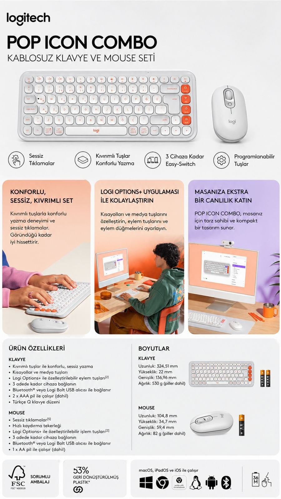 Logitech POP ICON COMBO beyaz kablosuz klavye ve mouse seti, sessiz tuşlar, Bluetooth bağlantı ve çoklu cihaz desteği özellikleriyle modern çalışma deneyimi sunar