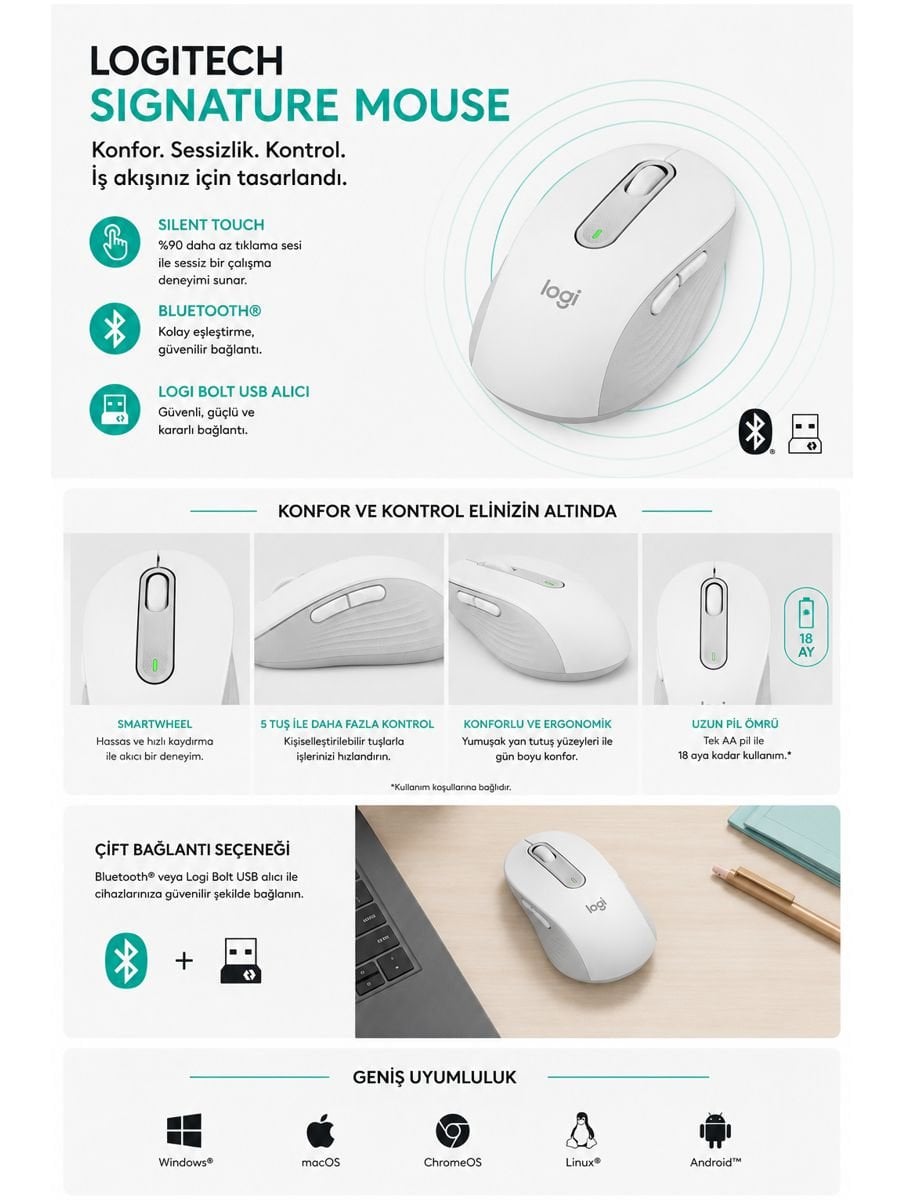 Logitech Signature M650 beyaz kablosuz mouse Bluetooth ve Logi Bolt bağlantılı sessiz ergonomik mouse
