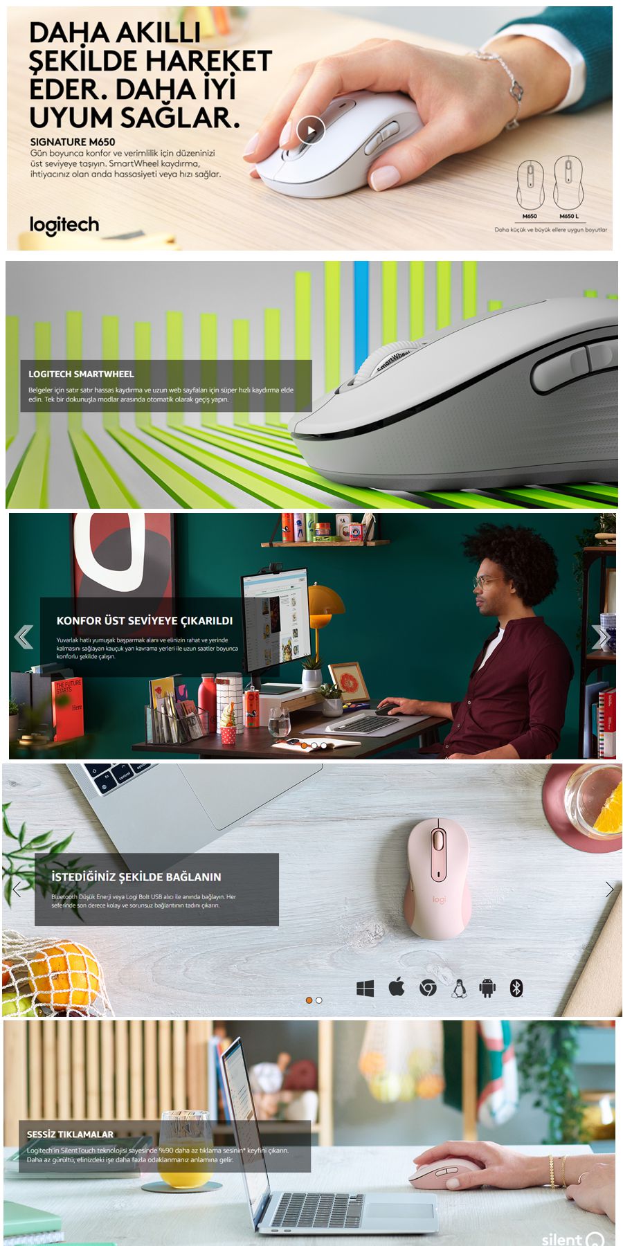 Logitech Signature M650 siyah kablosuz mouse; küçük ve orta boy sağ el kullanımına uygun ergonomik tasarımı, sessiz tıklama özelliği, Bluetooth ve Logi Bolt USB alıcı bağlantısı, 4000 DPI optik sensörü ve 24 aya kadar pil ömrü ile günlük ofis, ev ve iş kullanımı için konforlu bir mouse deneyimi sunar.