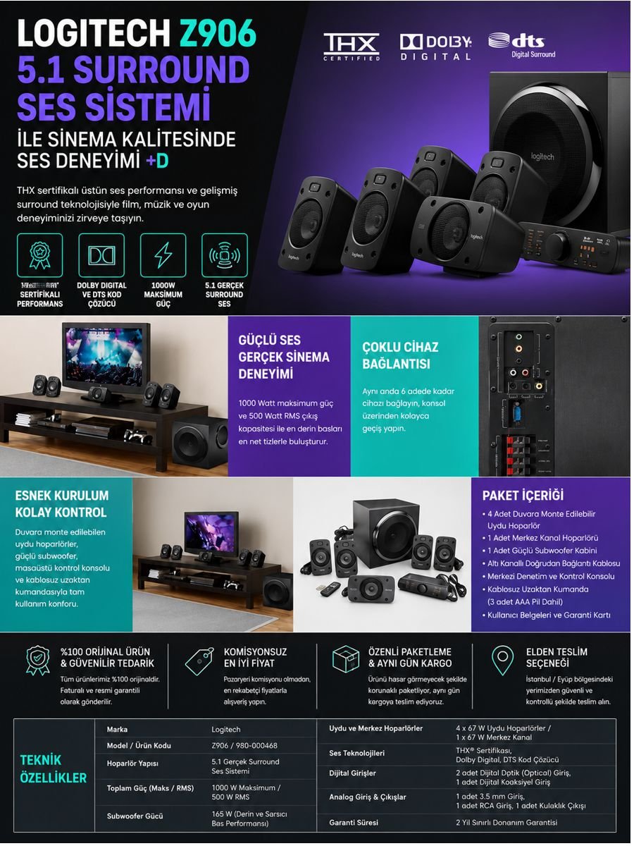 Logitech Z906 5.1 surround ses sistemi THX sertifikalı ev sinema hoparlör sistemi ve teknik özellikleri
