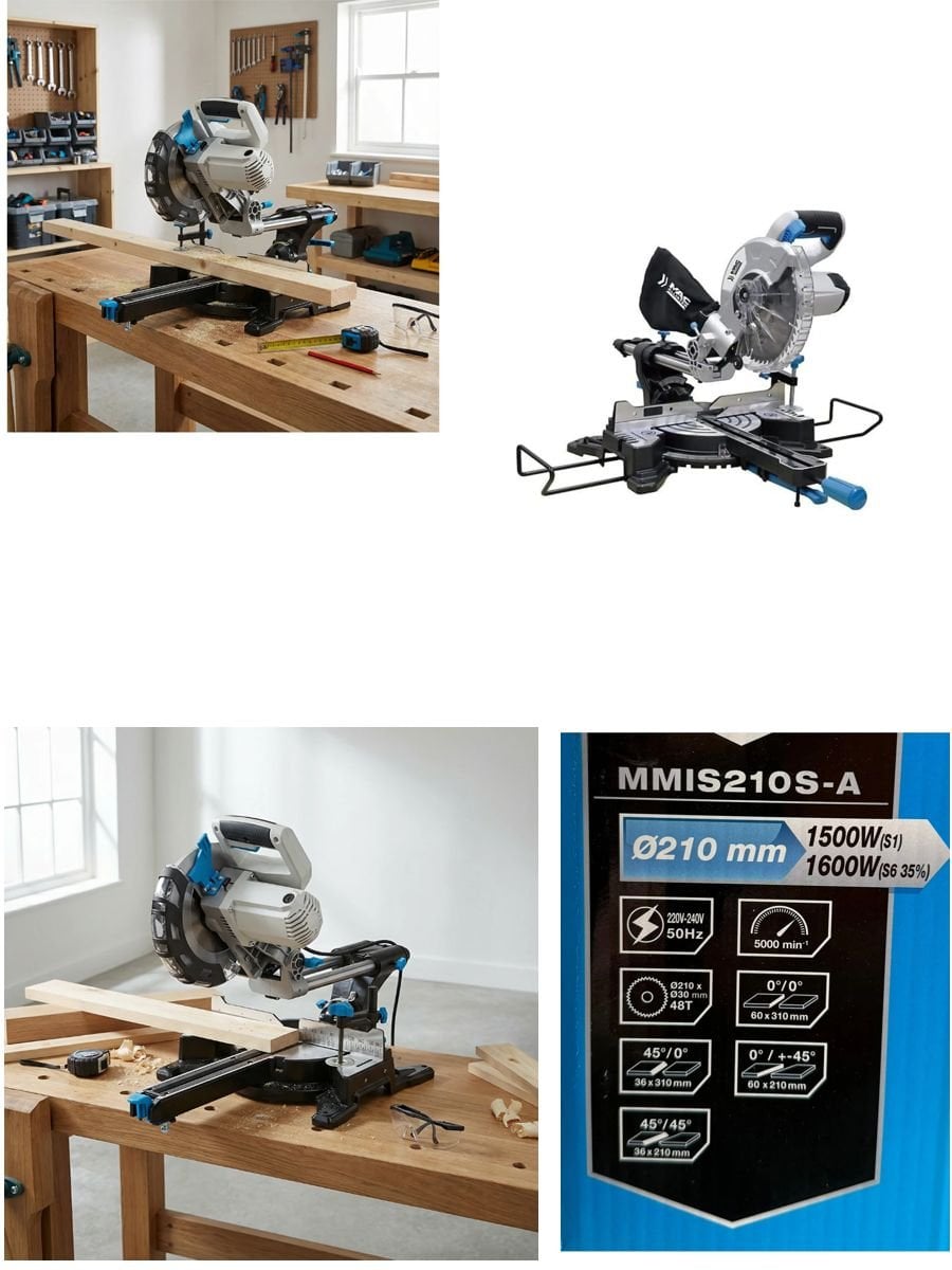 Mac Allister 1500 W 210 mm kızaklı pistonlu gönye kesme makinesi açıklama görseli