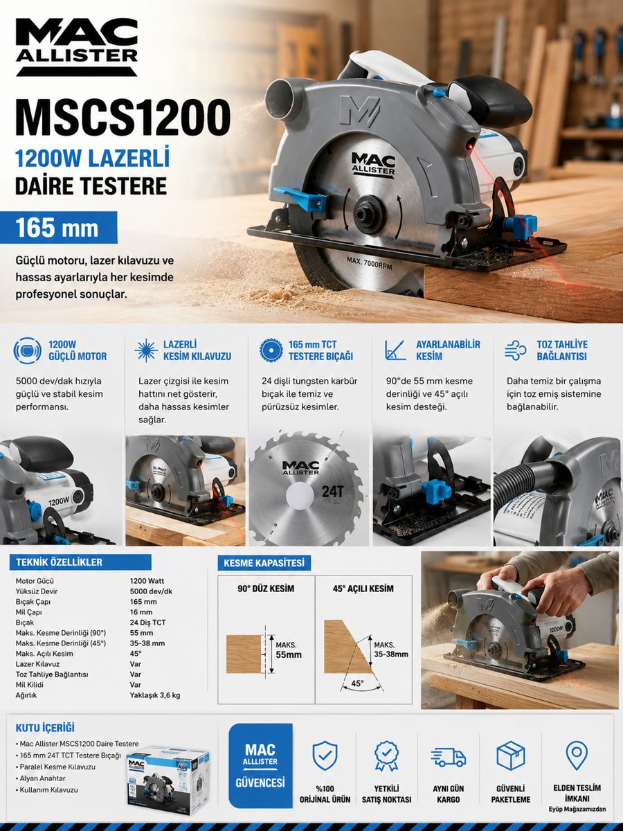 Mac Allister MSCS1200 1200W lazerli daire testere, 165 mm bıçak, kesme kapasitesi ve teknik özellikleriyle ürün açıklama görseli.