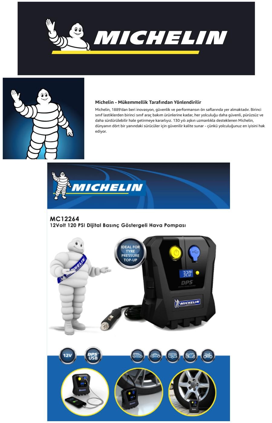 Michelin MC12264 12Volt 120 PSI dijital basınç göstergeli hava pompası; araç lastikleri, bisiklet lastikleri ve şişirilebilir ürünler için pratik kullanım sunan oto lastik şişirme cihazı.