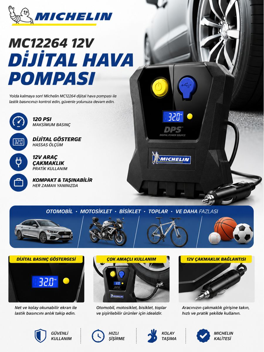 Michelin MC12264 12V 120 PSI dijital basınç göstergeli hava pompası, araç çakmaklık bağlantılı kompakt lastik şişirme cihazı ve ürün özelliklerini gösteren açıklama görseli.