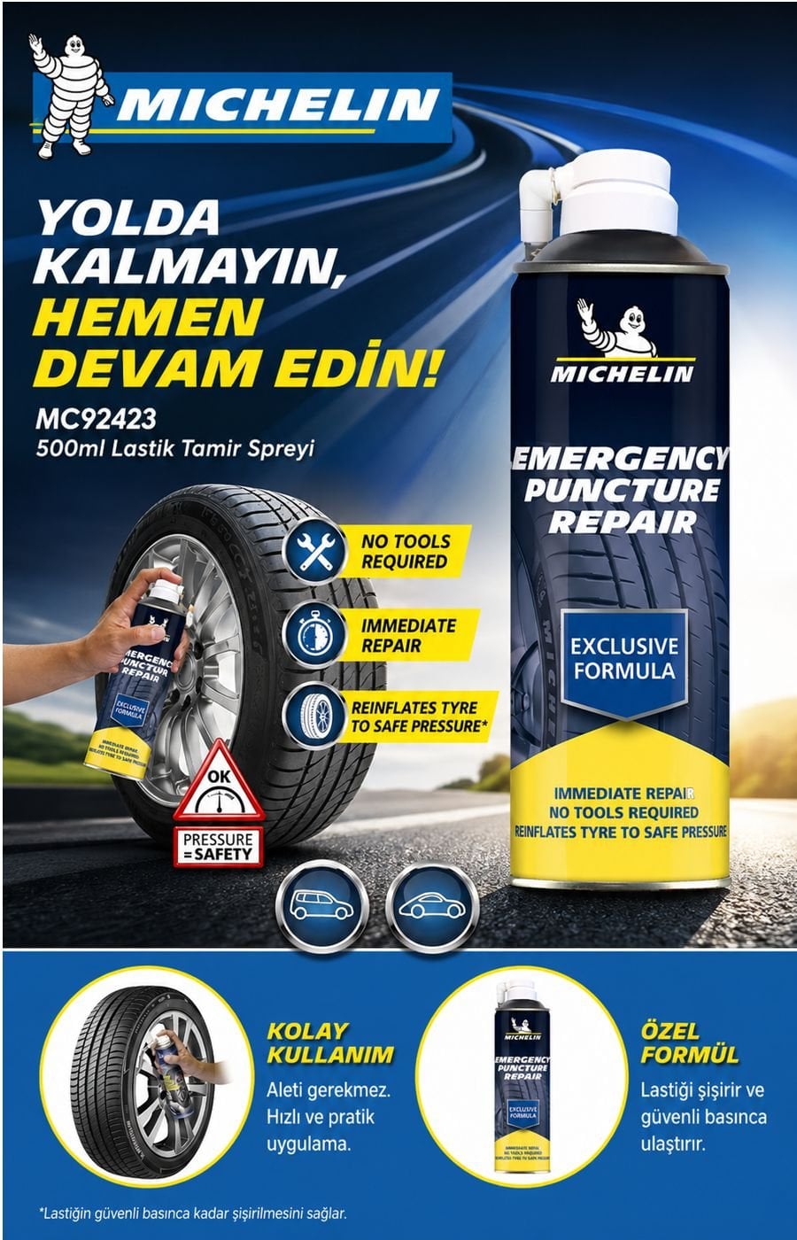 Michelin MC92423 500ml lastik tamir spreyi, patlak lastikler için aletsiz hızlı tamir ve şişirme çözümü sunar.