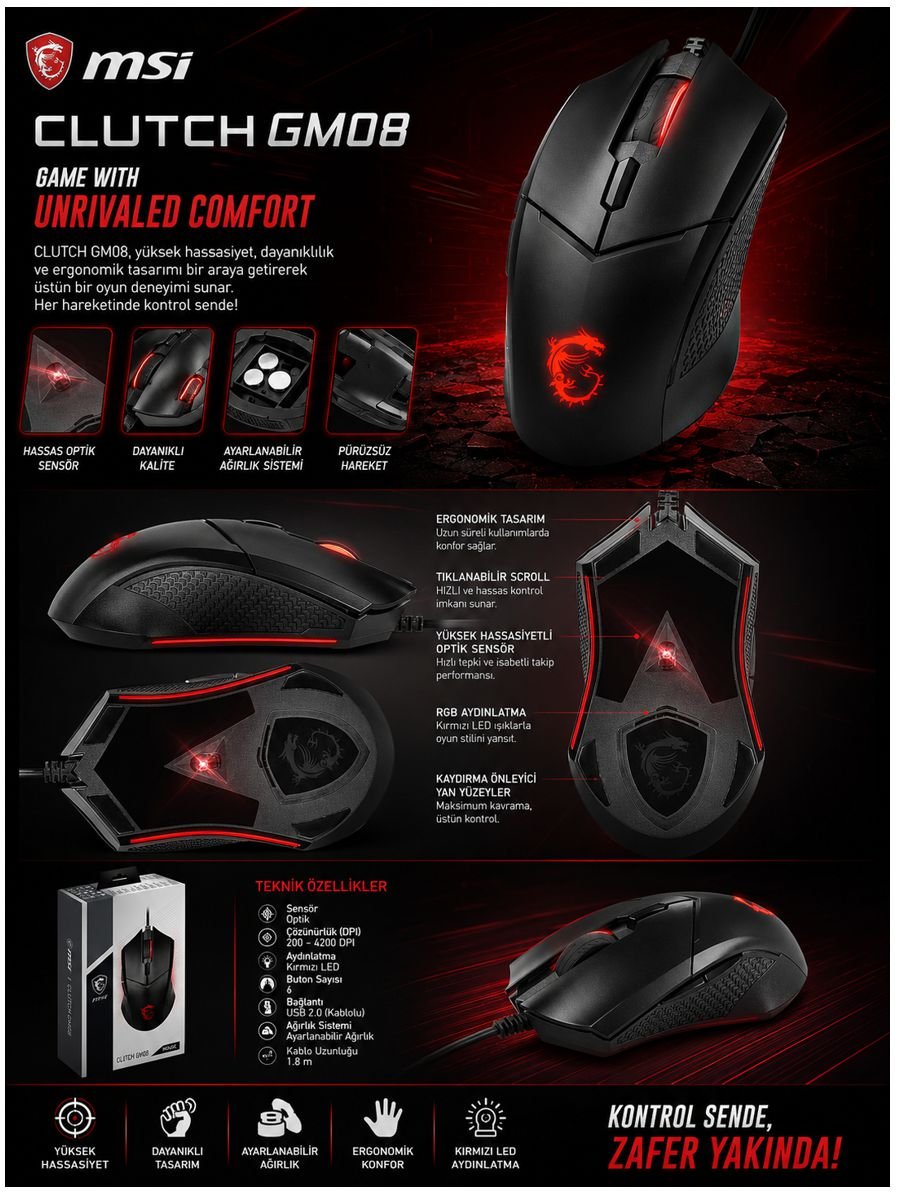 MSI Clutch GM08 4200 DPI PixArt optik sensörlü, Red LED aydınlatmalı kablolu oyuncu mouse açıklama görseli