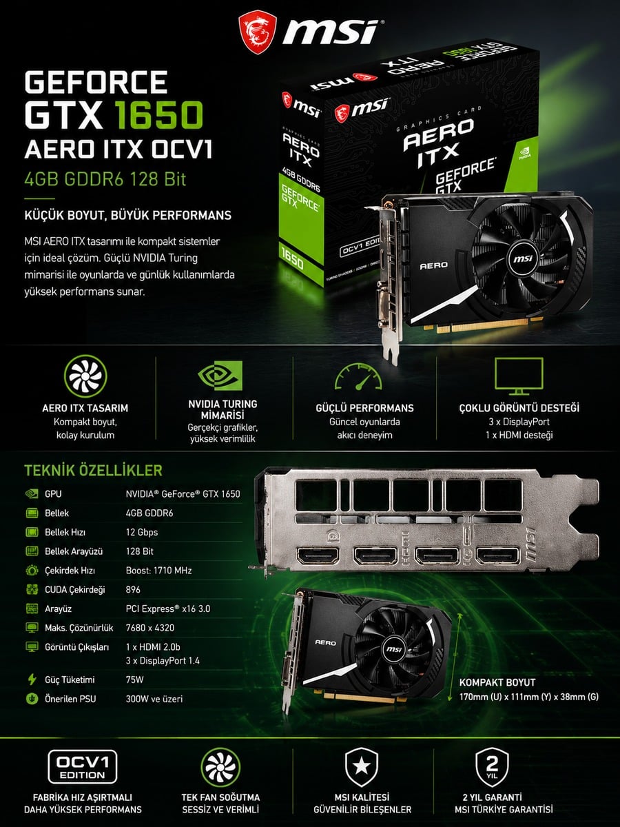 MSI GeForce GTX 1650 D6 AERO ITX OCV1 4GB GDDR6 128 Bit ekran kartı ön görünümü