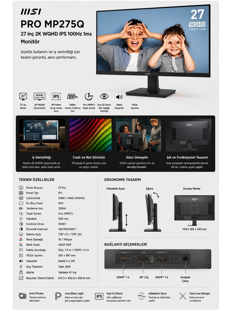 MSI PRO MP275Q 27 inç WQHD IPS 100Hz profesyonel monitör özellikleri
