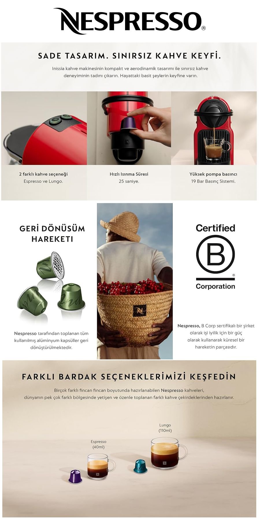 Nespresso C40 Inissia kapsüllü kahve makinesi kırmızı renkli kompakt ve şık espresso kahve makinesi Site ürün adı