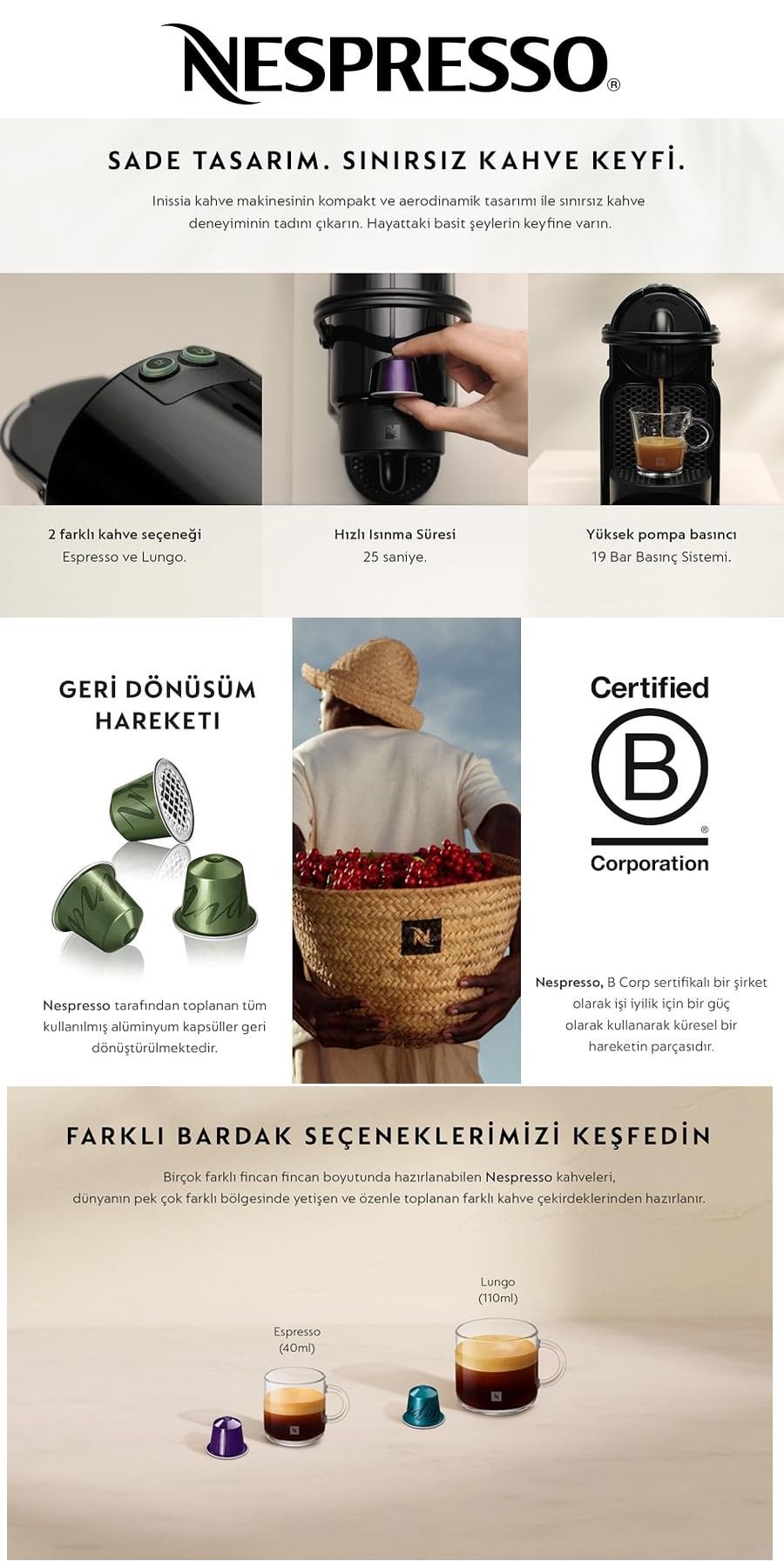 Nespresso D40 Inissia kapsüllü kahve makinesi kompakt tasarımı ve pratik kullanımıyla hızlı kahve hazırlama imkanı sunar