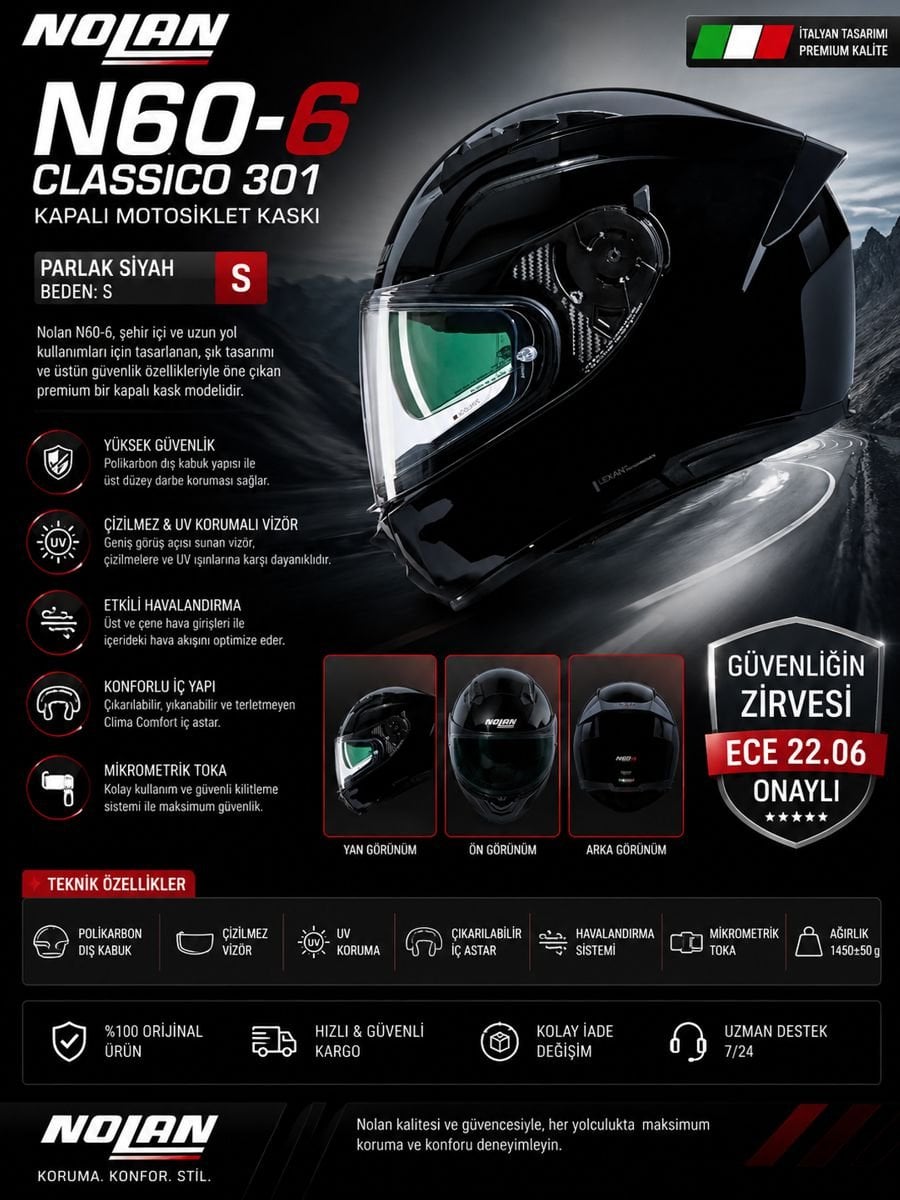 Nolan N60-6 Classico 301 kapalı motosiklet kaskı parlak siyah S beden modelinin güvenlik, konfor ve havalandırma özelliklerini gösteren açıklama görseli