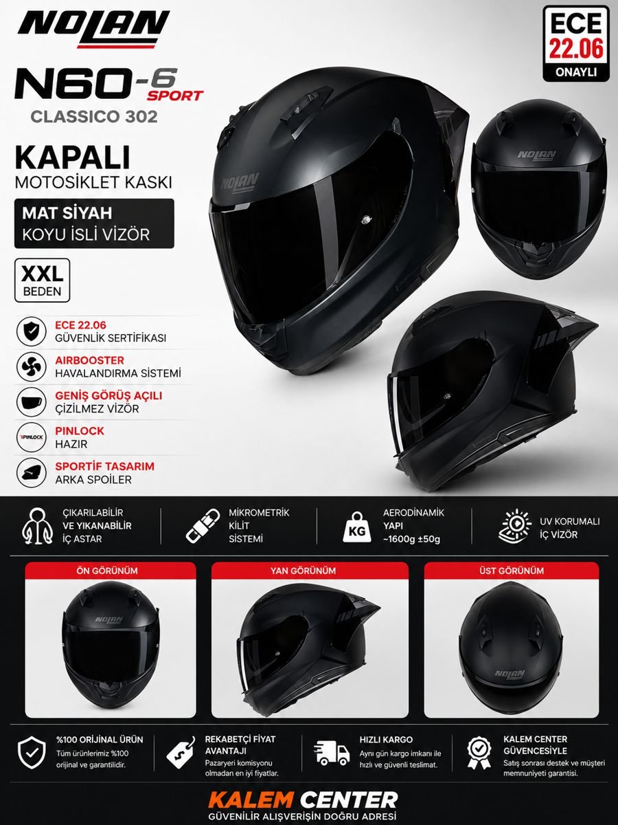 Nolan N60-6 Sport Classico 302 kapalı motosiklet kaskı mat siyah koyu isli vizörlü ECE 22.06 sertifikalı spor kask