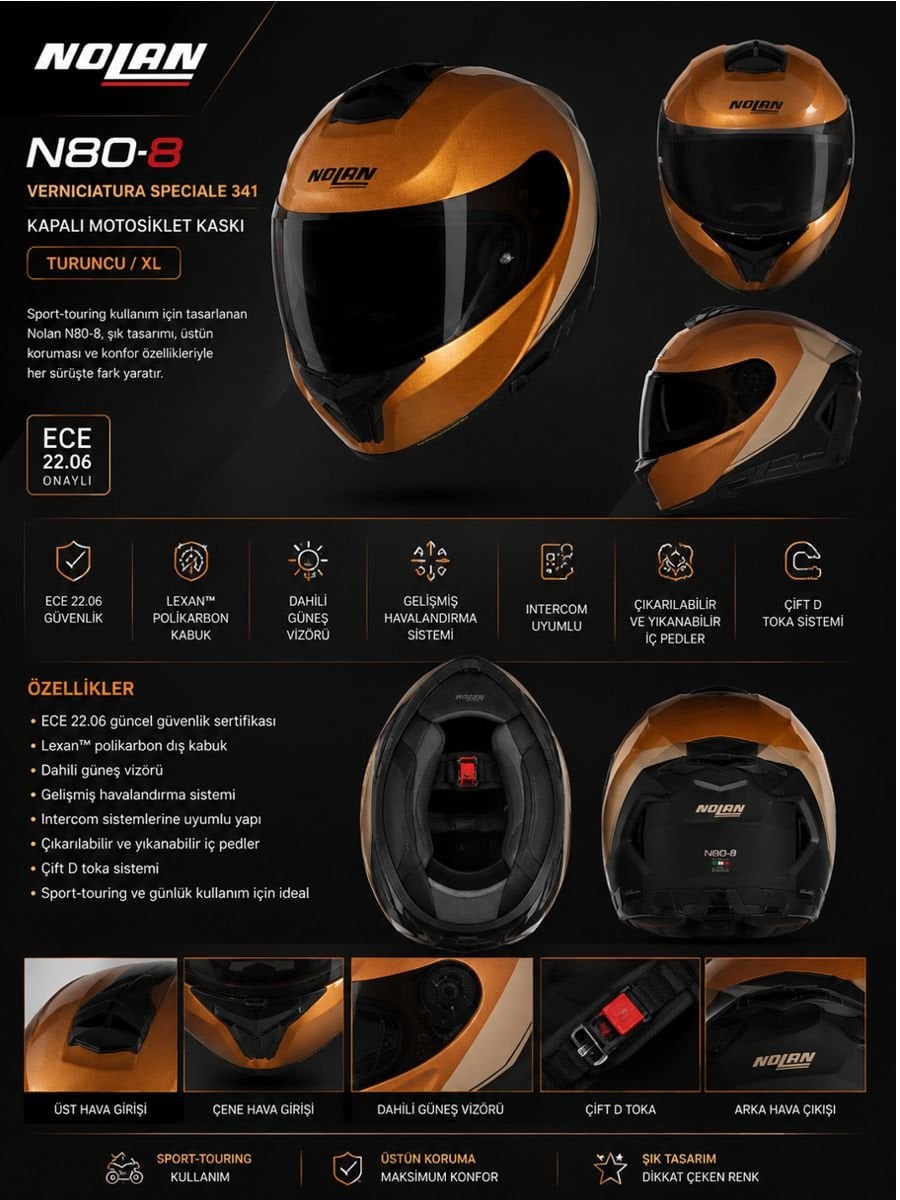 Nolan N80-8 Verniciatura Speciale 341 Turuncu XL ECE 22.06 kapalı motosiklet kaskı özellikleri ve detayları