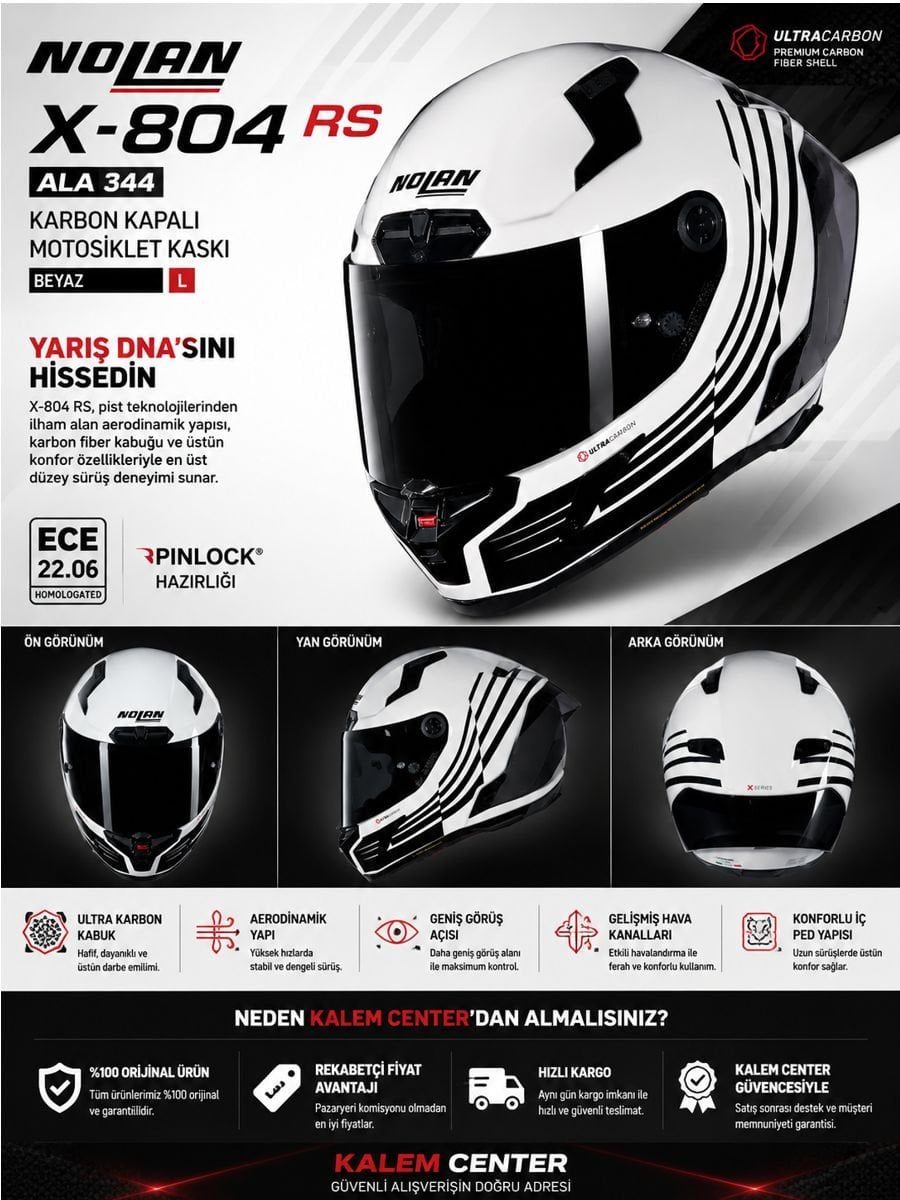 Nolan X-804 RS Ala 344 karbon kapalı motosiklet kaskı beyaz siyah yarış tipi premium motosiklet kaskı