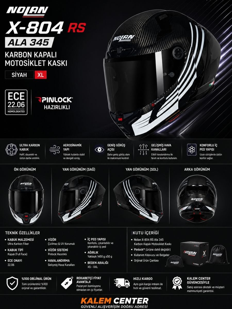 Nolan X-804 RS Ala 345 karbon kapalı motosiklet kaskı siyah XL premium yarış kaskı