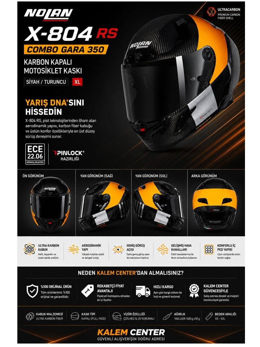 Nolan X-804 RS Combo Gara 350 karbon kapalı motosiklet kaskı siyah turuncu yarış tipi premium karbon kask