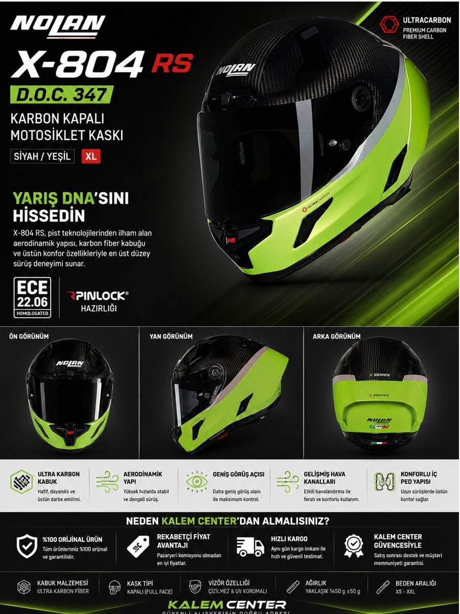 Nolan X-804 RS D.O.C. 347 karbon kapalı motosiklet kaskı siyah yeşil yarış tipi premium motosiklet kaskı