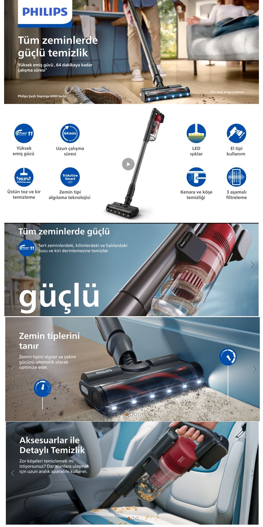 Philips 6000 Serisi XC6552-01 kablosuz dikey süpürge PowerCyclone 11 teknolojisi 64 dakika kullanım süresi ve akıllı başlık ile derinlemesine temizlik sunar