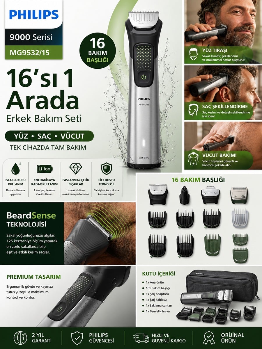 Philips 9000 Serisi MG9532/15 erkek bakım seti özellikleri, 16 bakım başlığı, BeardSense teknolojisi ve ıslak kuru kullanım