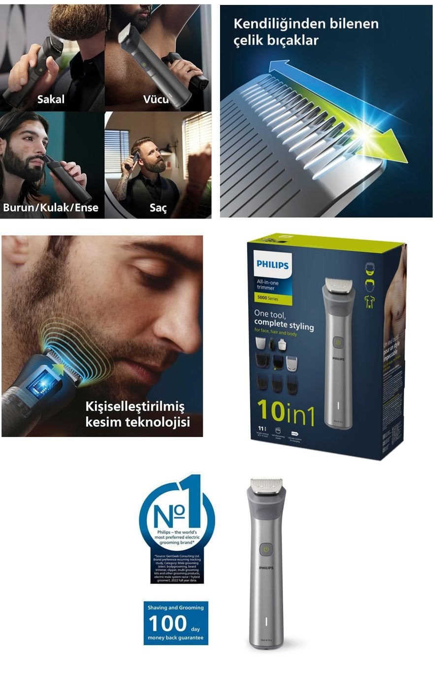 Philips MG5920/15 Series 5000 10’u 1 arada erkek bakım kiti; yüz, saç ve vücut bakımı için çok amaçlı kullanım, kendiliğinden bilenen çelik bıçaklar ve BeardSense teknolojisi sunar.