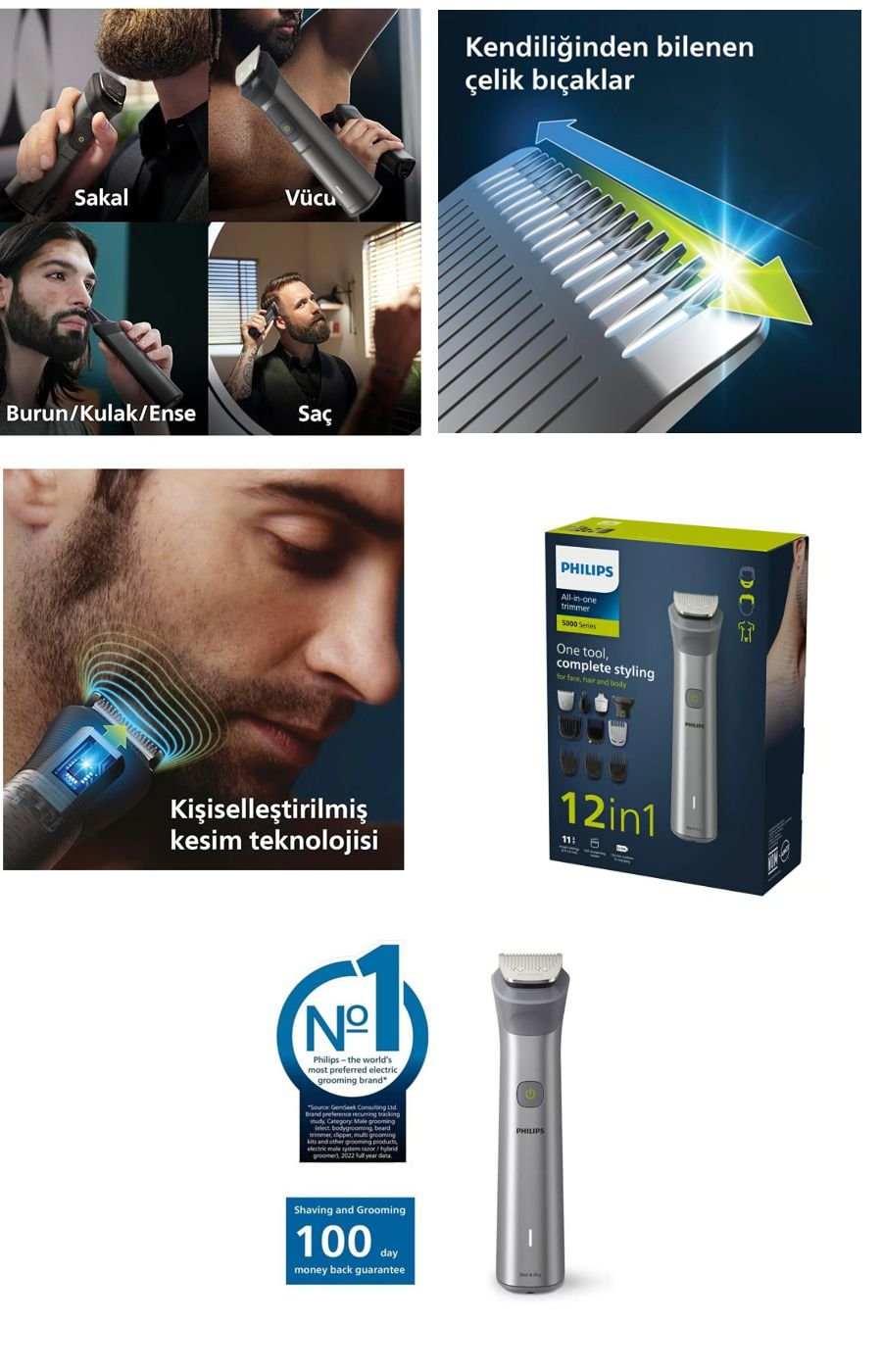 Philips MG5940/15 Series 5000 erkek bakım seti; yüz, saç ve vücut için 12’si 1 arada kullanım, kendiliğinden bilenen çelik bıçaklar ve BeardSense teknolojisi sunar.