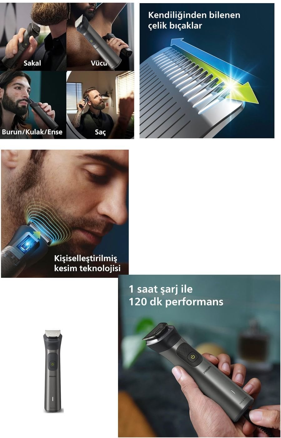 Philips MG7920/15 7000 Serisi erkek bakım seti; saç, sakal ve vücut için 13’ü 1 arada kullanım, kendiliğinden bilenen çelik bıçaklar, BeardSense teknolojisi ve 120 dakikaya kadar kablosuz çalışma sunar.