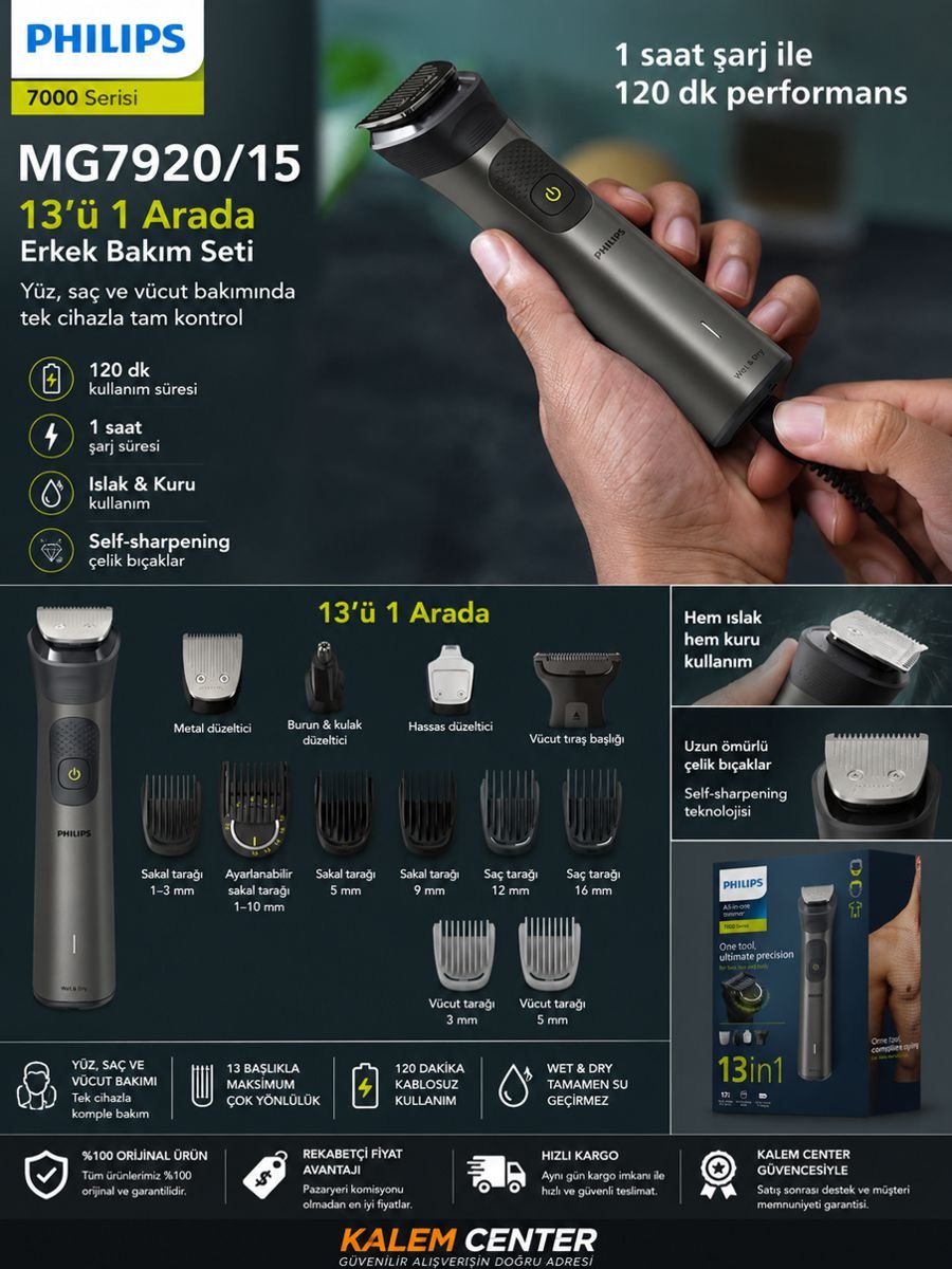 Philips MG7920/15 Series 7000 13'ü 1 arada erkek bakım seti yüz saç sakal ve vücut bakım cihazı