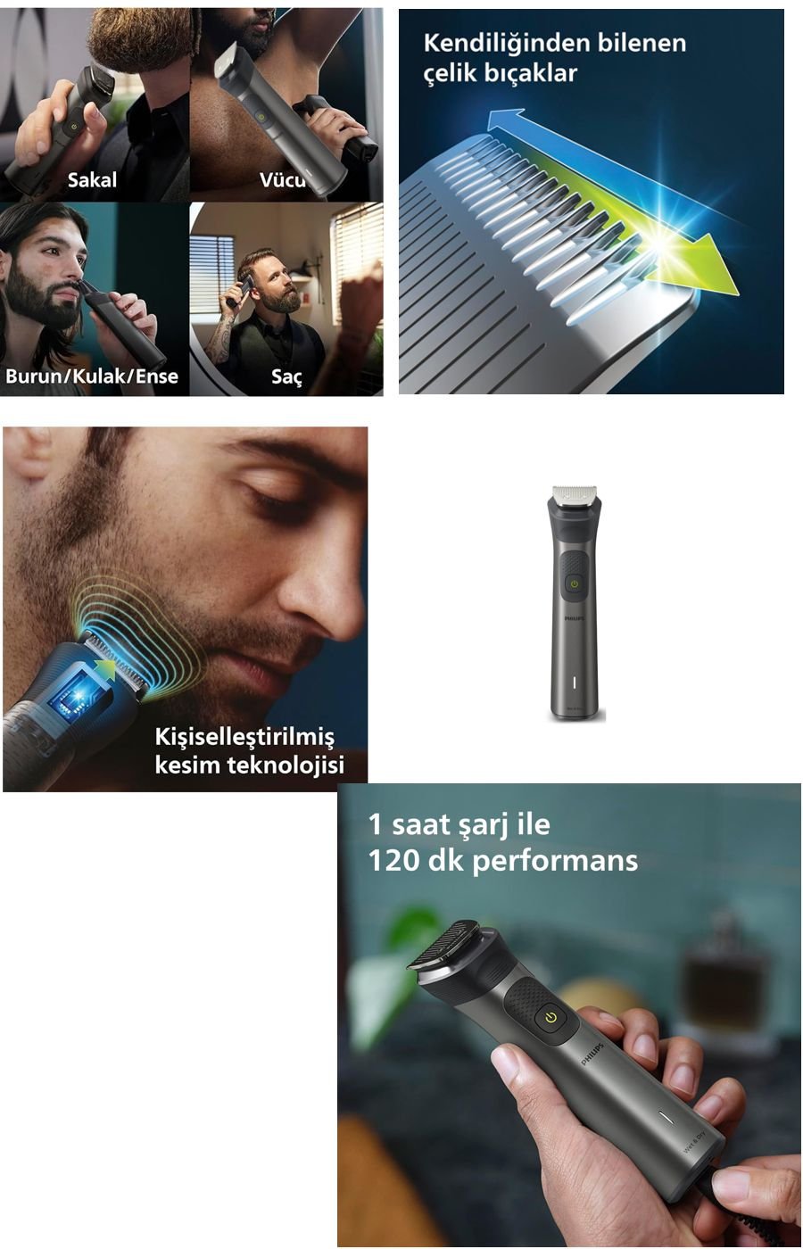 Philips MG7940/15 15’i 1 arada erkek bakım seti; yüz, saç ve vücut bakımı için çok amaçlı kullanım, kendiliğinden bilenen çelik bıçaklar, BeardSense teknolojisi ve uzun pil ömrü