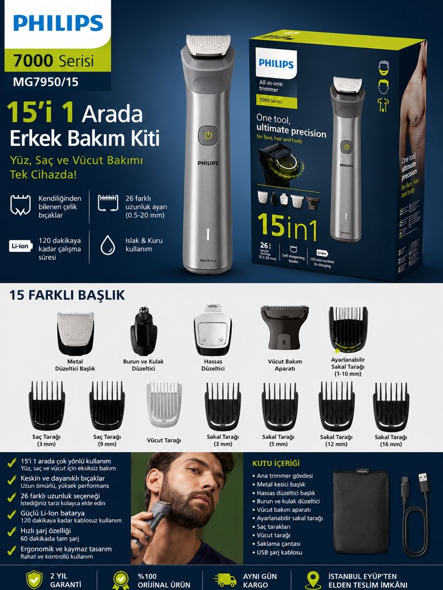 Philips MG7950/15 7000 Serisi 15'i 1 Arada Erkek Bakım Kiti, sakal saç ve vücut bakımına uygun çok fonksiyonlu trimmer seti.