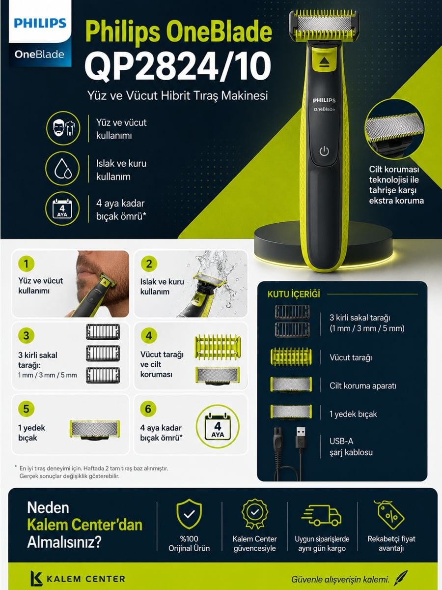 Philips OneBlade QP2824/10 yüz ve vücut hibrit tıraş makinesi özellikleri ve aparatları