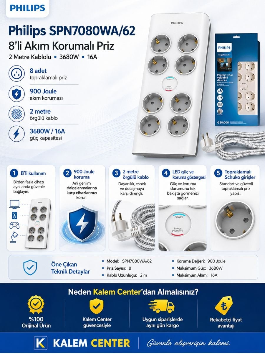 Philips SPN7080WA/62 8’li akım korumalı priz 2 metre örgülü kablo ve 900 joule koruma özellikleri