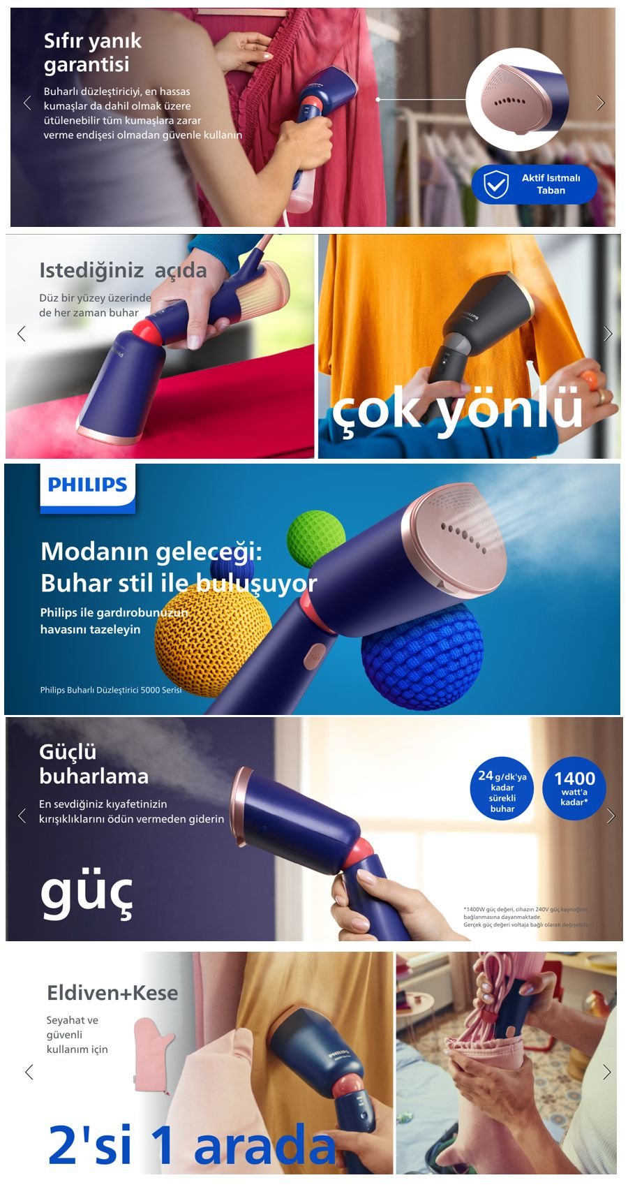 Philips 5000 Serisi STH5030/20 buharlı düzleştirici 1400W güç, 35 saniye hızlı ısınma, Eco ve Max buhar ayarları, ayarlanabilir başlık ve iki su haznesi özellikleriyle.