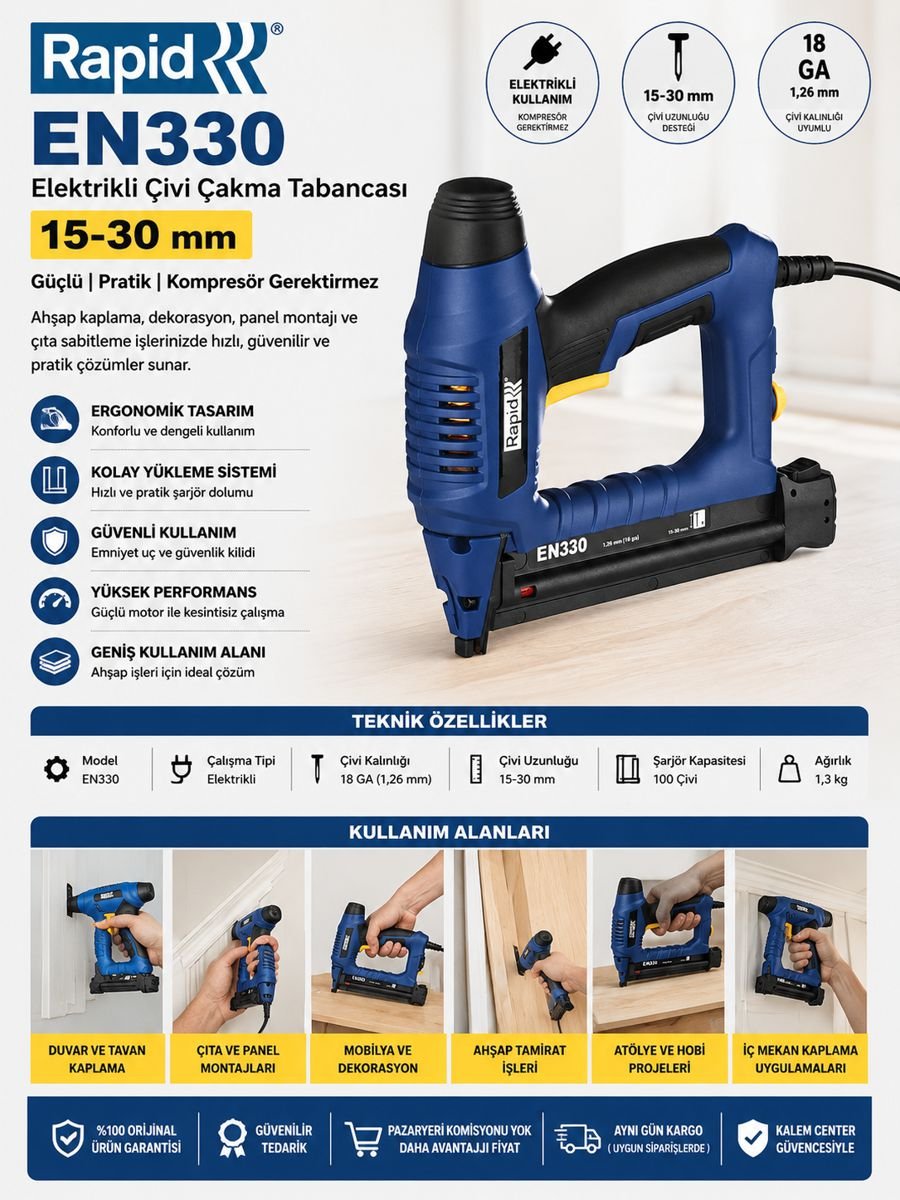 Rapid EN330 elektrikli çivi çakma tabancası 15-30 mm çivi kapasitesiyle ahşap kaplama, dekorasyon ve montaj uygulamalarında kullanım.