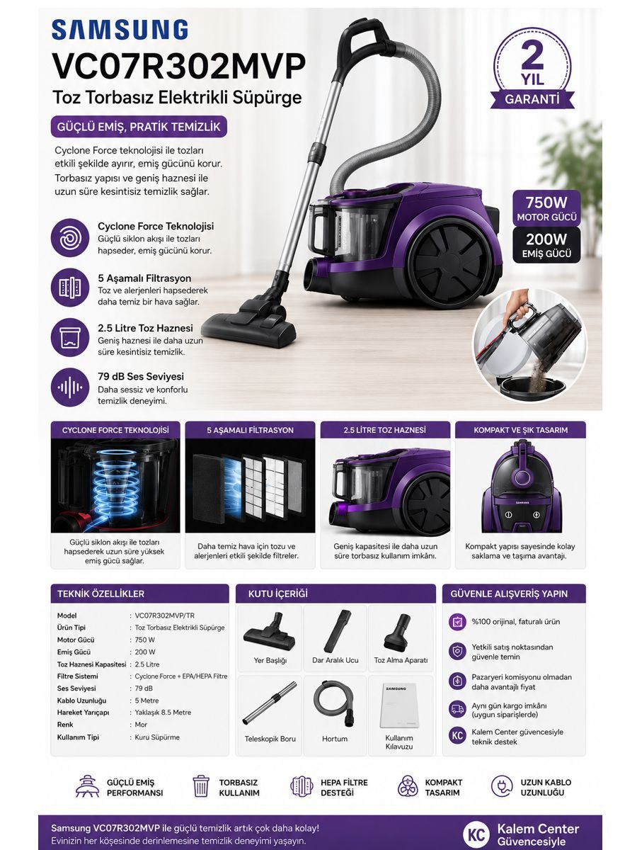 Samsung VC07R302MVP Cyclone Force teknolojili toz torbasız elektrikli süpürge
