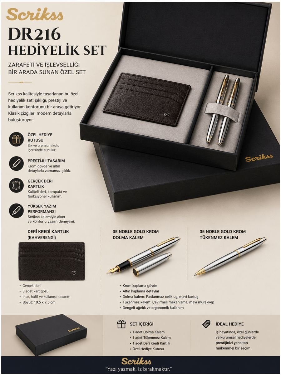 Scrikss DR216 hediyelik set dolma kalem, tükenmez kalem ve kahverengi deri kartlık içeren premium kutulu kalem seti