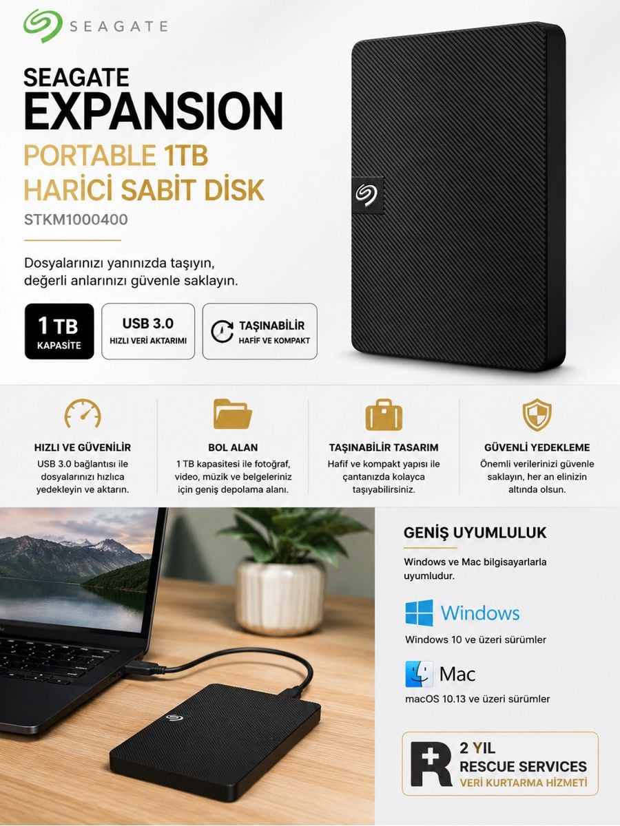 Seagate Expansion Portable 1TB USB 3.0 Harici Hard Disk STKM1000400