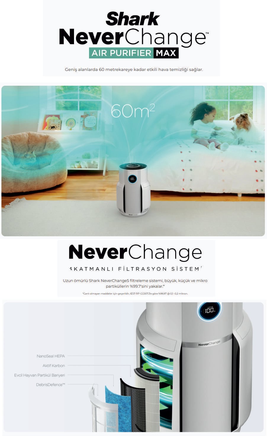 Shark NeverChange5 Clean Sense IQ hava temizleyicisi gelişmiş filtreleme ve akıllı hava kalitesi takibi sunar