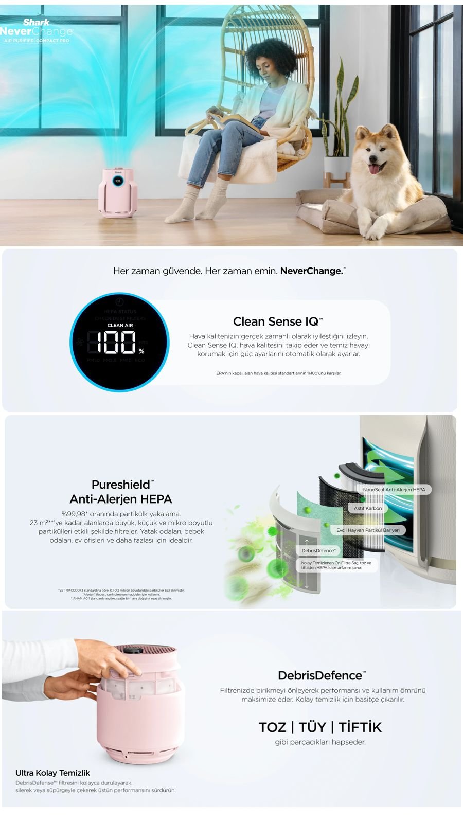 Shark NeverChange5 Compact Pro pembe hava temizleyici, kompakt tasarımı ve etkili hava filtreleme performansıyla ev içi kullanım için ideal çözüm sunar.