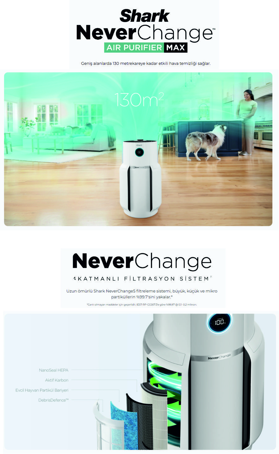 Shark NeverChange5 MAX Clean Sense IQ hava temizleyicisi akıllı hava algılama ve gelişmiş filtreleme desteği sunar