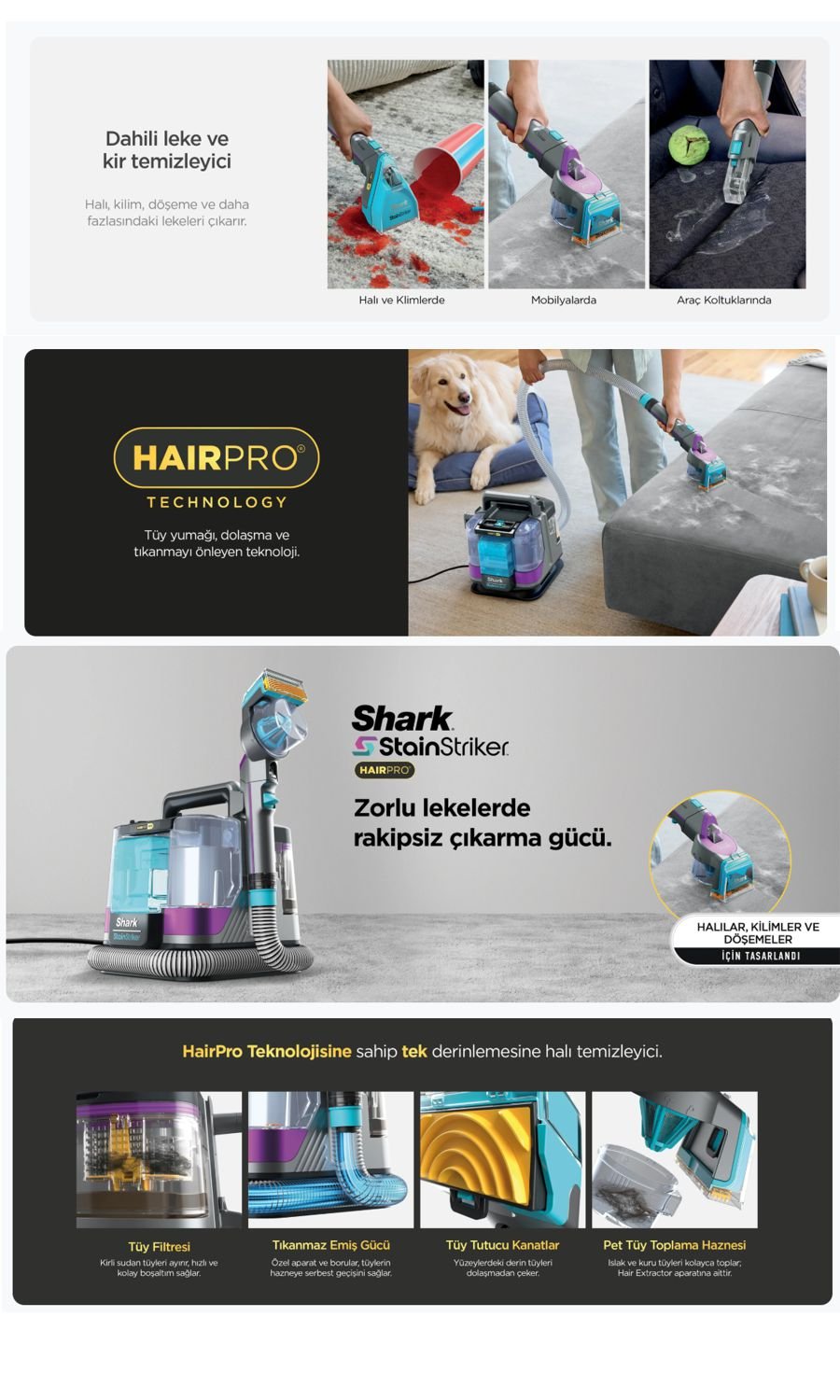 Shark StainStriker HairPro Pet Başlıklı koltuk yıkama ve leke çıkarma makinesi ile koltuk, halı ve döşemelerde etkili temizlik