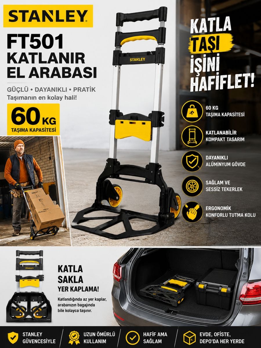 Stanley FT501 60 kg katlanır taşıma arabası; kompakt tasarımı, dayanıklı alüminyum gövdesi ve ergonomik tutma koluyla depo, ofis, ev ve günlük yük taşıma işleri için pratik kullanım sunar.