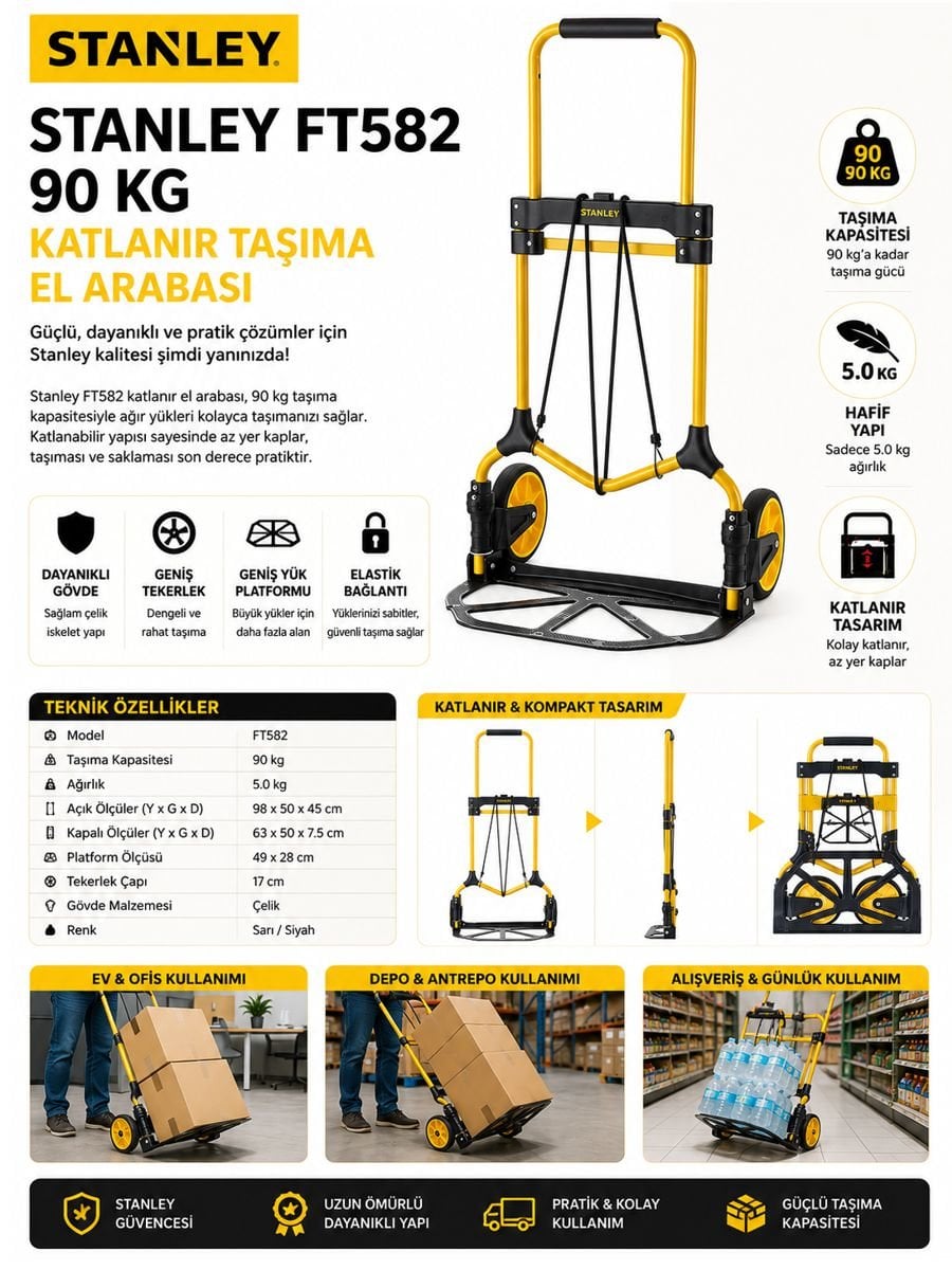 Stanley FT582 90 kg katlanır taşıma el arabası kompakt ve dayanıklı taşıma çözümü