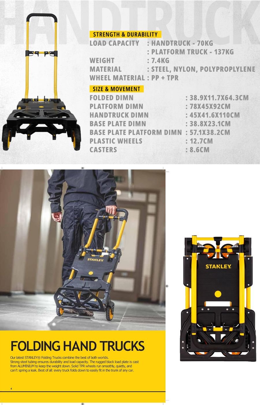 Stanley FT585 çok fonksiyonlu katlanır el arabası 70 kg ve 137 kg taşıma kapasiteli pratik taşıma çözümü